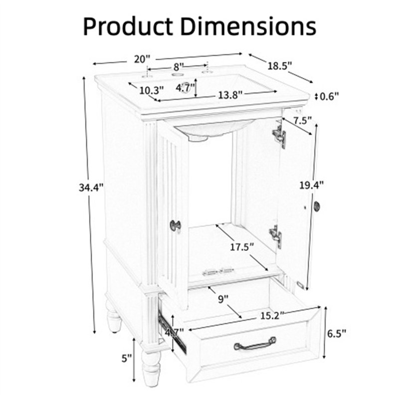 Van Meuble-lavabo blanc 20 po】 - Meuble-lavabo avec deux portes, butoir de porte magnétique et patins réglables (comprend 1 tiroir)