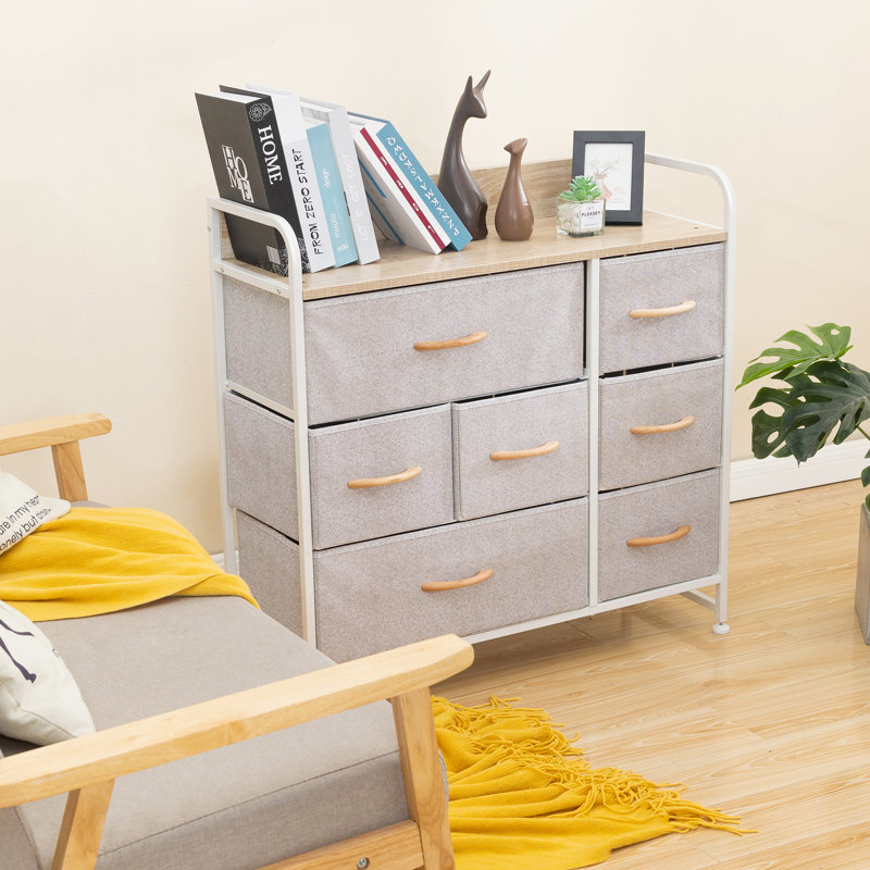 Commode 7 tiroirs Kiomara, Gris clair / Blanc