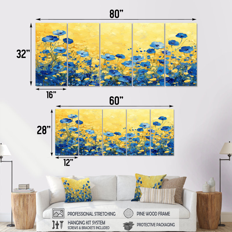 Boyle - Art mural fleurs sauvages - décoration murale traditionnelle 5 pièces, H 28 po x l 60 po
