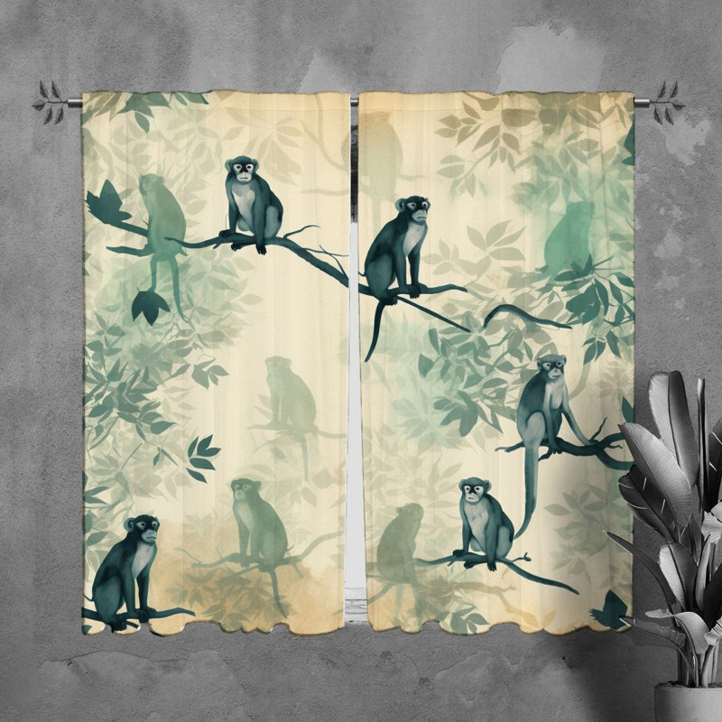 Rideaux de fenêtre avec motif de singe, rideaux verts, L 40 po x L 82 po