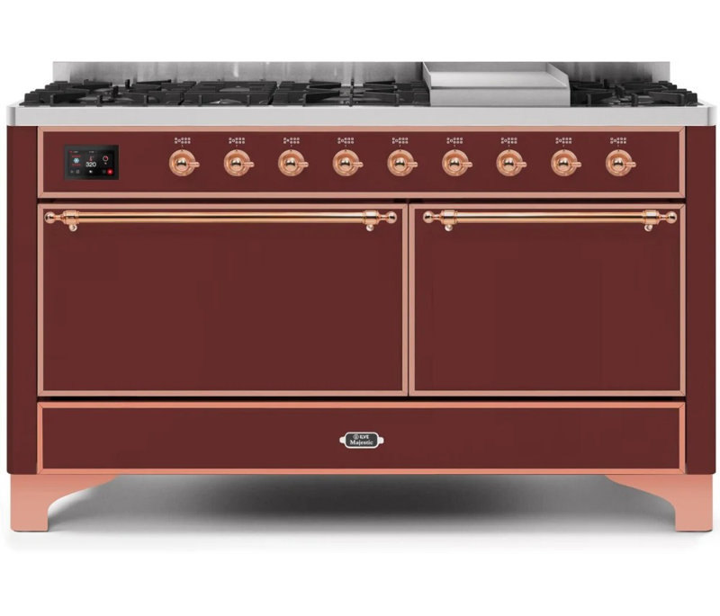 ILVE UM15FDQNS3BKCLP Majestic II 60 inch Dual Fuel Range with 9 Burners, Griddle (Liquid Propane, Solid Door, Glossy Black, Chrome)