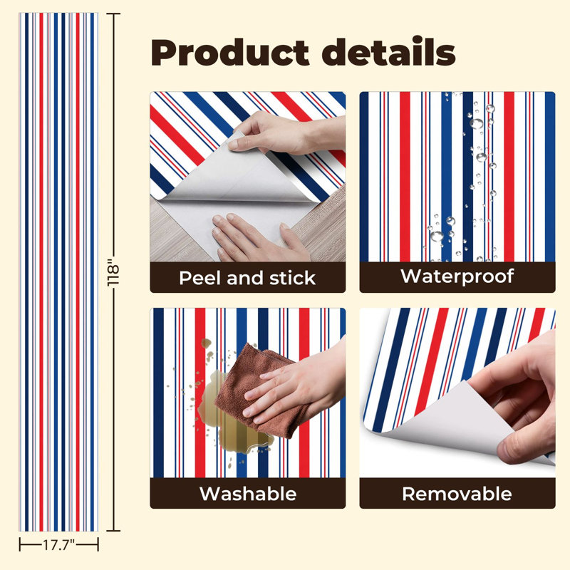 Papier peint adhésif à rayures verticales rouge foncé et bleu foncé Barber, 9.83" L x 17.7" W