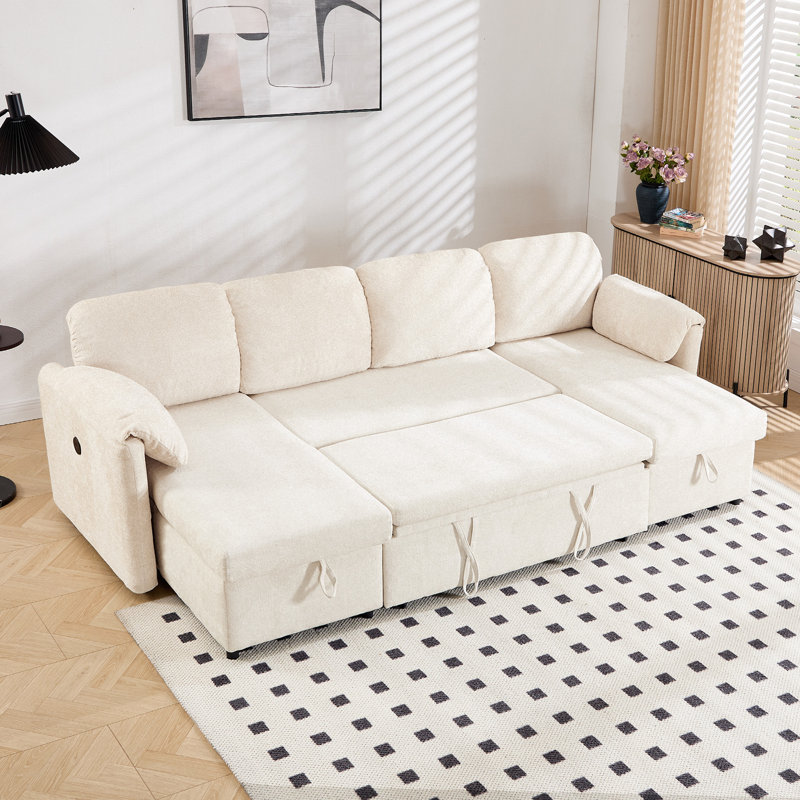 108" Upholstered U Shaped Sectional Sleeper Sofa with USB Ports and Storage Pockets, White Fabric