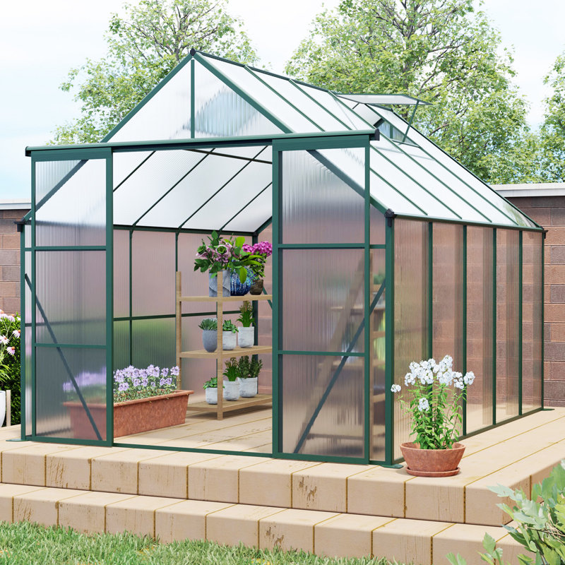8X10ft Double Door Polycarbonate Greenhouse Raised Base And Anchor Aluminum Heavy Duty Walk-In Greenhouses, Green