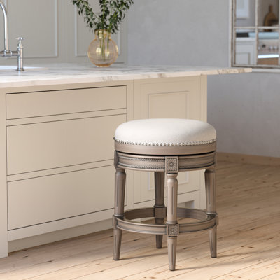 Backless Swivel Bar Stool In Weathered Gray, 360 Seat, Customizable Height, Details, For Kitchen And Use Adjustable Suitable Home Bars