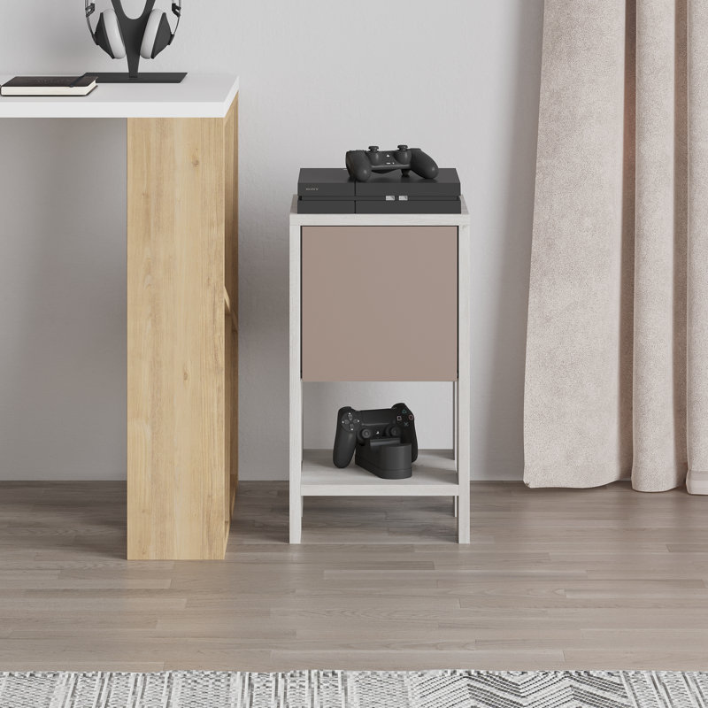 Atharv Bedside Table with Drop-Door Storage and Open Shelf for Versatile Living, Ancient White/Light Mocha