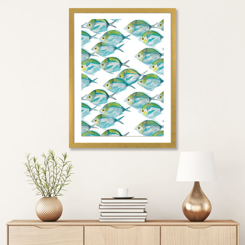 Motif de poissons - imprimé, Blanc, H 32 po x l 24 po x P 1 po, Papier encadré doré