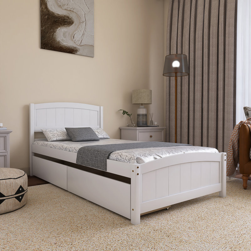 Lit plateforme simple en bois avec 2 tiroirs, Blanc