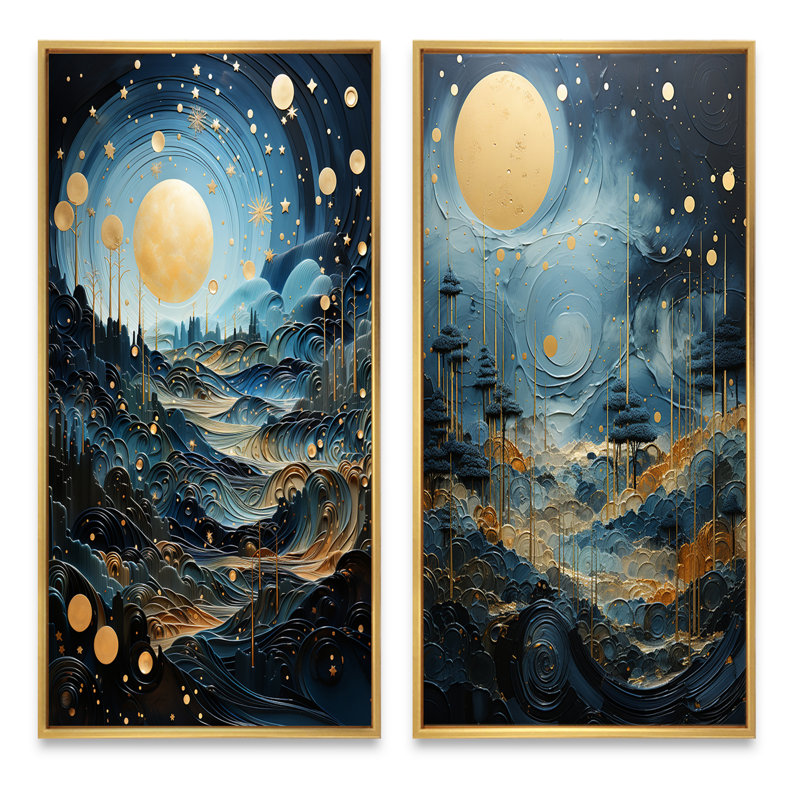 «Gold Blue Uranus Moonlight Mirage», 2 pièces, Encadrement doré, H 24 po x l 20 po