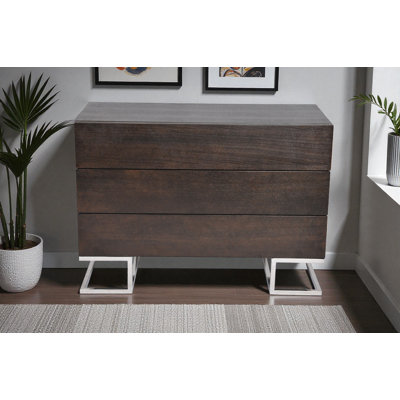 Pangea Home Modern 3-Drawer Dresser / Sideboard Buffet – Contemporary Storage Cabinet with Sleek Steel Base – Available in Espresso Brown Wood Veneer Finish - Bedroom, Dining Room, Entry Console