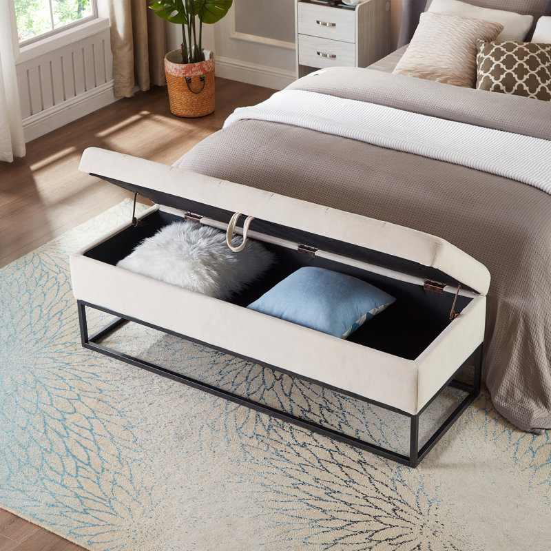 Base de lit en métal 58,6 po avec velours de rangement, Beige