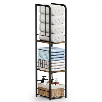 Narrow Towel Storage For Bathroom, 3-Tier Free Standing Bathroom Towel Rack Organizer With Shelf For Small Bath, Pool, Brown