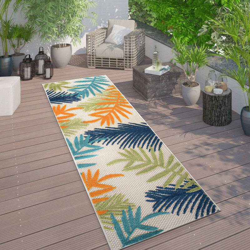 Parksley Palm Frond Indoor/Outdoor Area Rug Ivory/Orange/Navy, Runner 2'7" x 12'