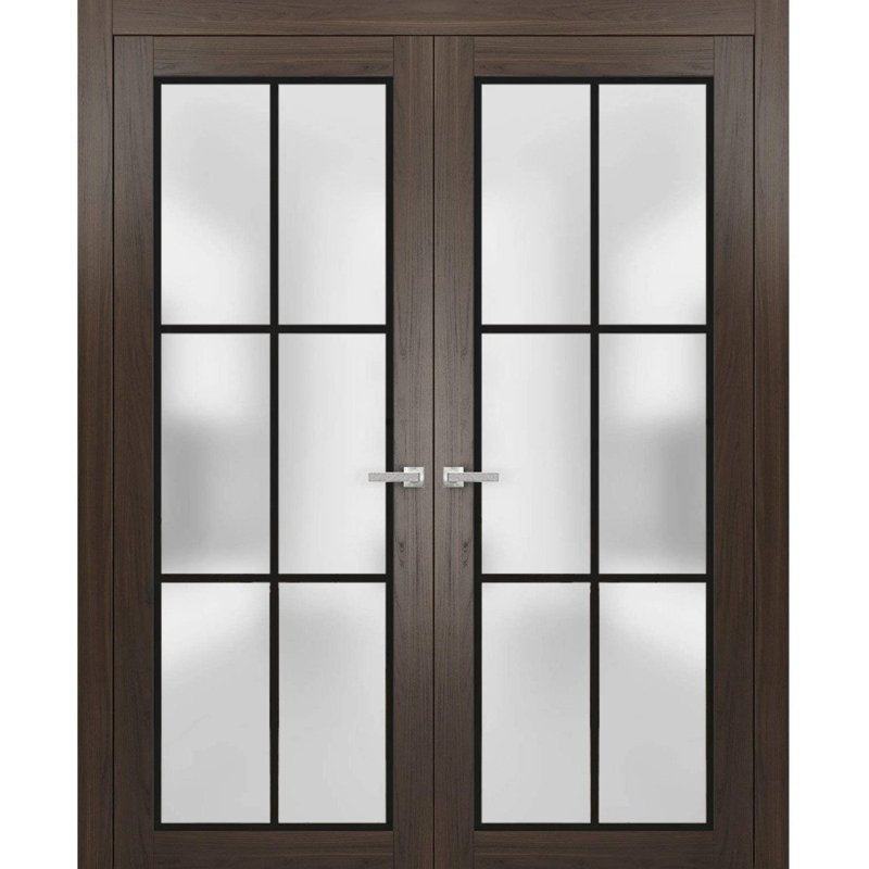 Portes françaises doubles solides | Verre givré Planum 2122 | Garnitures de cadre en bois massif | Portes robustes de chambre à coucher pour garde-robe