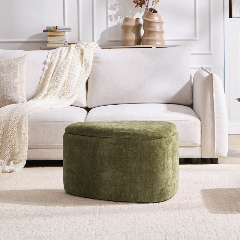 Anton 25.8" W Upholstered Asymmetrical Triangular Pebble Shaped Triangular Storage Ottoman, Green Chenille