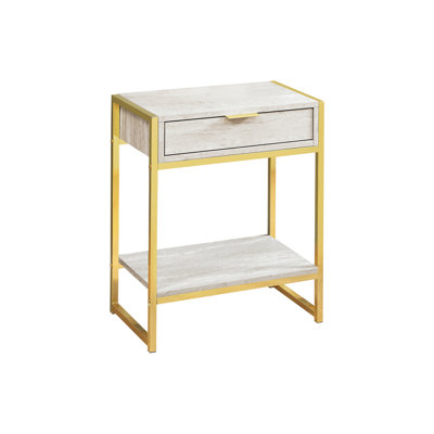 Lamp Table With Beige Marble Finish And Gold Metal Base, Adds Elegance To Any Space Bedroom End Stylish Accents, Functional