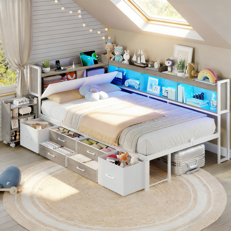 Upholstered Convertible Daybed Twin with Storage Pull-out Cabinet Bookcase & L-Shaped Headboard Under-Bed Drawers Metal Platform Bed