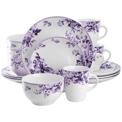 Lark Manor Traditional Red Rose 16 Piece Stoneware Dinnerware Set
