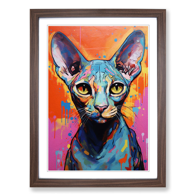 Sphynx Cat Expressionism - Single Picture Frame Print on Wood, Walnut, 46cm H x 34cm W x 2cm D