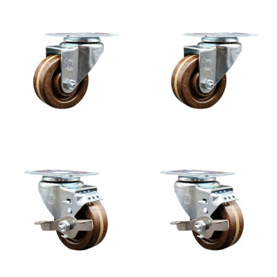 4 Piece High Temp Phenolic Wheel Swivel Top Plate Caster Set with 2 Brakes
