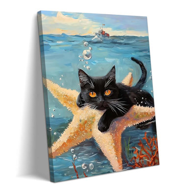Framed Black Cat Ocean Wall Art, Cute Cat Holding Starfish Canvas Print, Funny Animal Lovers Sea Life Painting Picture For Bathroom Bedroom Kids Room Home Decor 12X16 Inch