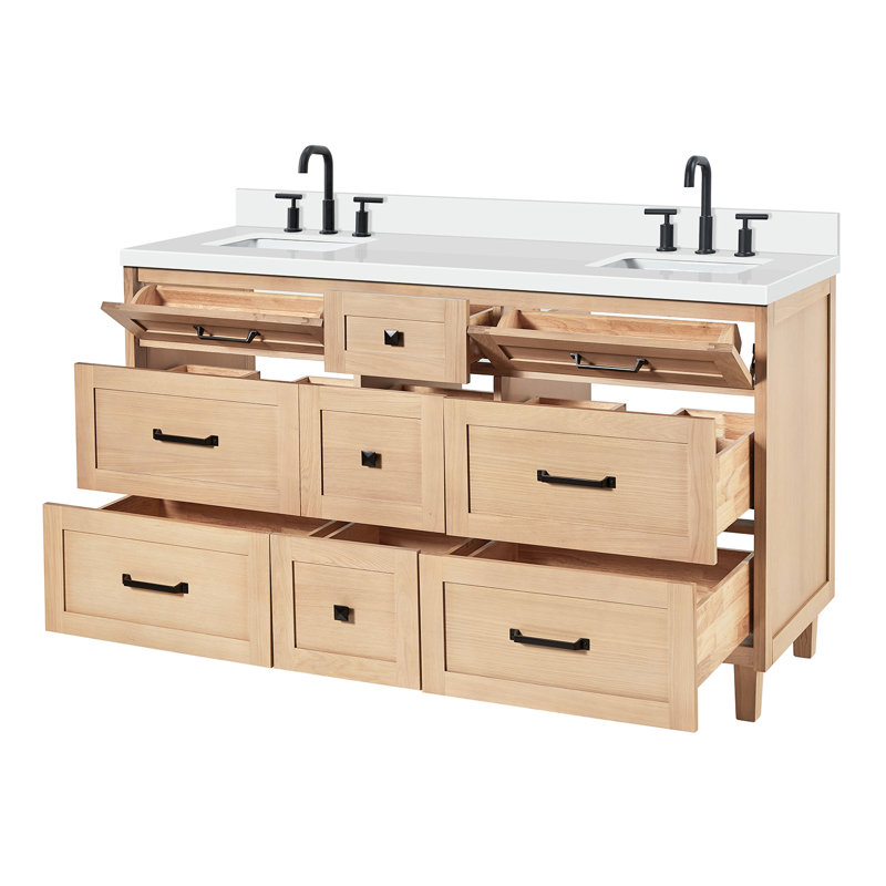 Meuble-lavabo double en bois massif ARIEL Monroe, Chêne, 72" - 73", Pure White Quartz