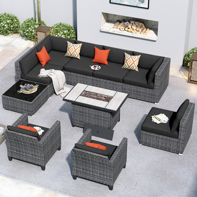 Reniyah 8 - Person Patio Conversation Set with Cushions, Black