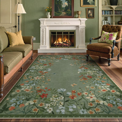 Floral Vintage Washable Green/Gray 5X7 Area Rug with Non Slip Backing - Low Pile Durable Carpet for Living Room, Bedroom, Dining Room or Office Decor
