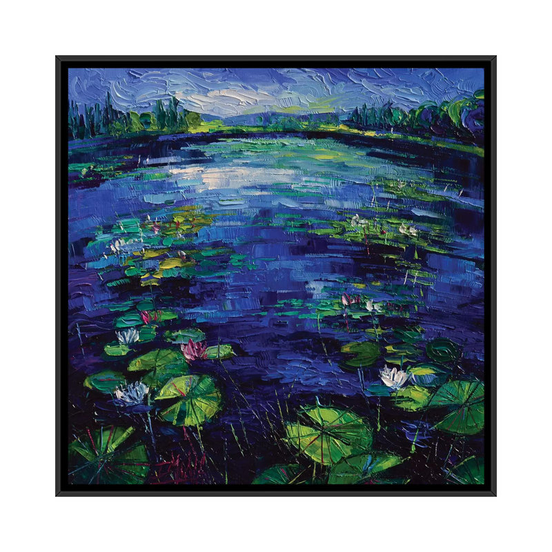 Nymphéas magiques - reproduction sur toile, H 18 po x l 18 po x P 1,5 po, Toile avec cadre noir, Pas de tapis