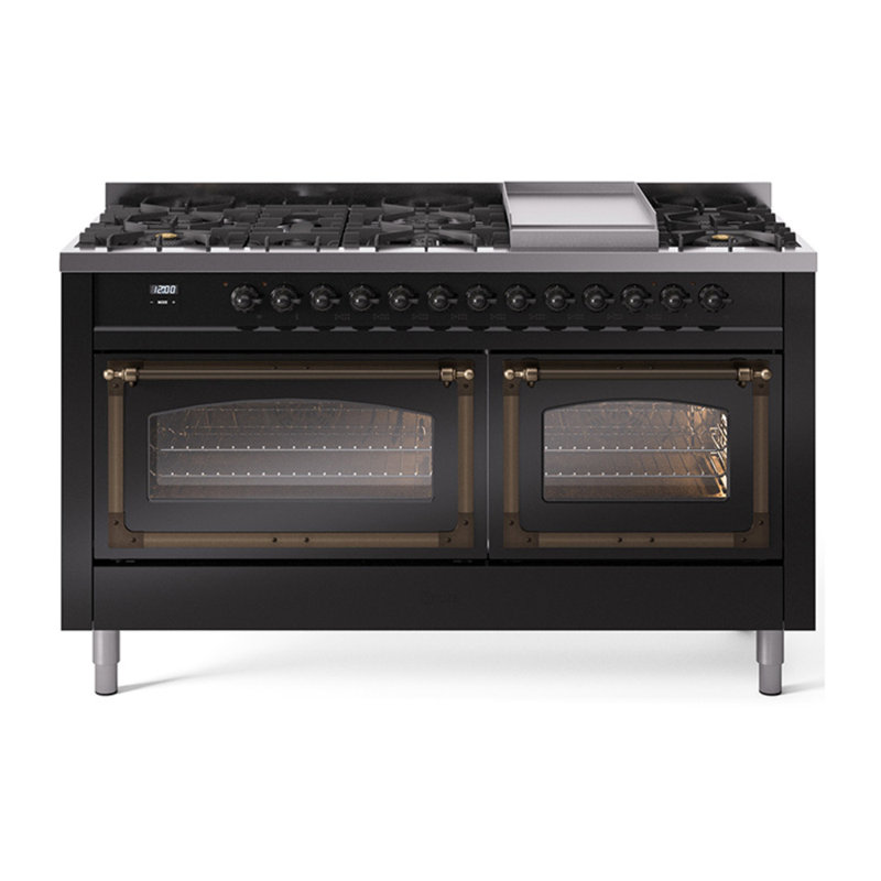 Cuisinière à double combustible ILVE Nostalgie II Series 60 po avec 9 brûleurs scellés et plaque de cuisson (gaz naturel, porte vitrée)