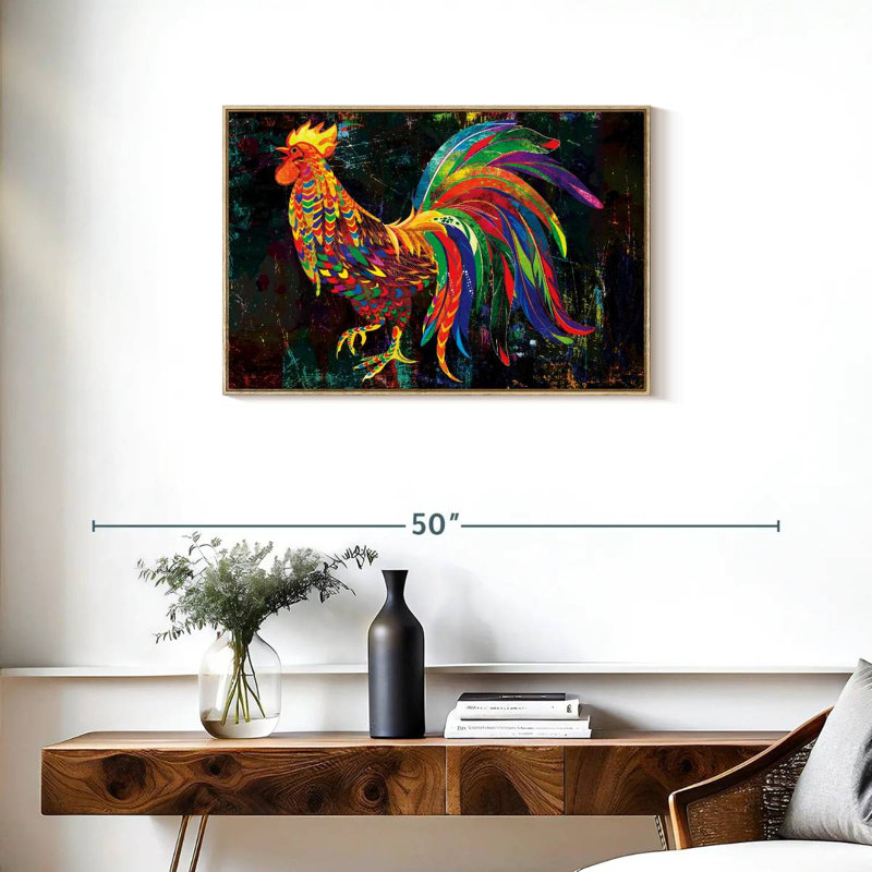 Coq abstrait multicolore, Cadre flottant en bois naturel, 31 po x 21 po