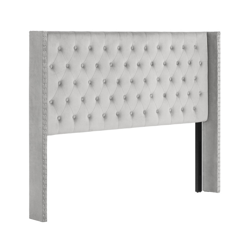 Tufted Wingback Upholstered Headboard with Nailhead Trim, Gray-Velvet, Queen
