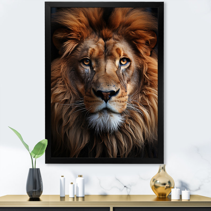 Animal Lion Portrait II - Lion, art mural, Cadre simple noir, H 44 po x l 34 po x P 1,5 po