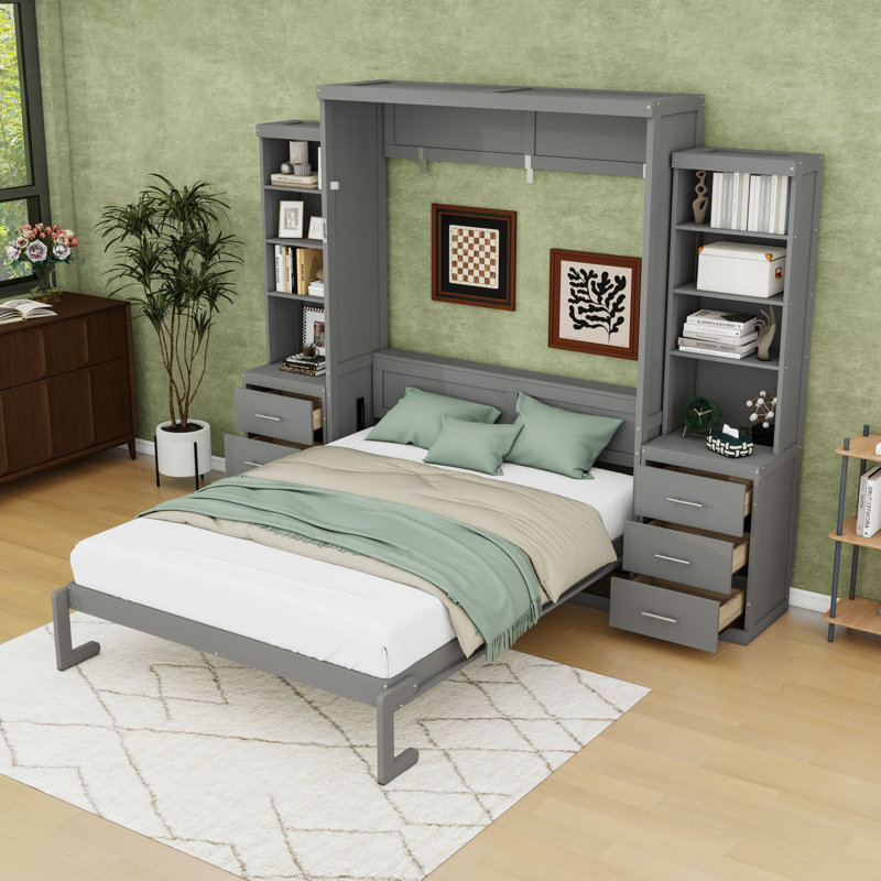 Lit escamotable multifonctionnel en bois avec tiroirs de rangement intégrés et tablettes robustes, Queen, Gray