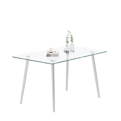Table de salle à manger en verre trempé de 0,32 po d'épaisseur avec pieds en acier inoxydable argentés, pratique et élégante - conception élégante pour les pièces, verre à long terme facile à nettoyer, abat-jour en métal rouille stable