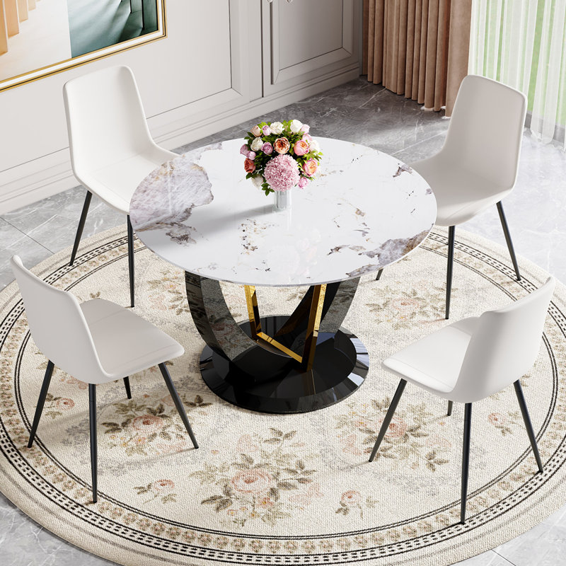 Modern 4‑Seat Round Dining Table Set – Tempered Glass Top Dining Table and Chairs, Stylish Kitchen & Dining Room Set, White