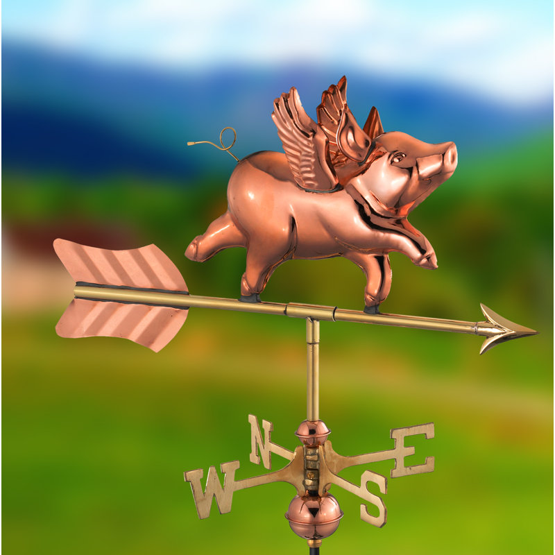 Girouette cochon volant, Cuivre poli, Poteau de jardin