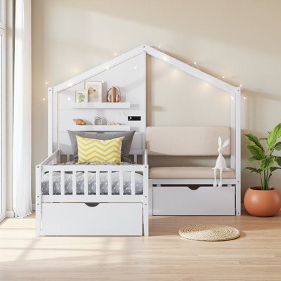 Lit simple avec canapé-lit, lit maison avec station de charge, recharge sans fil, tablettes et deux tiroirs
