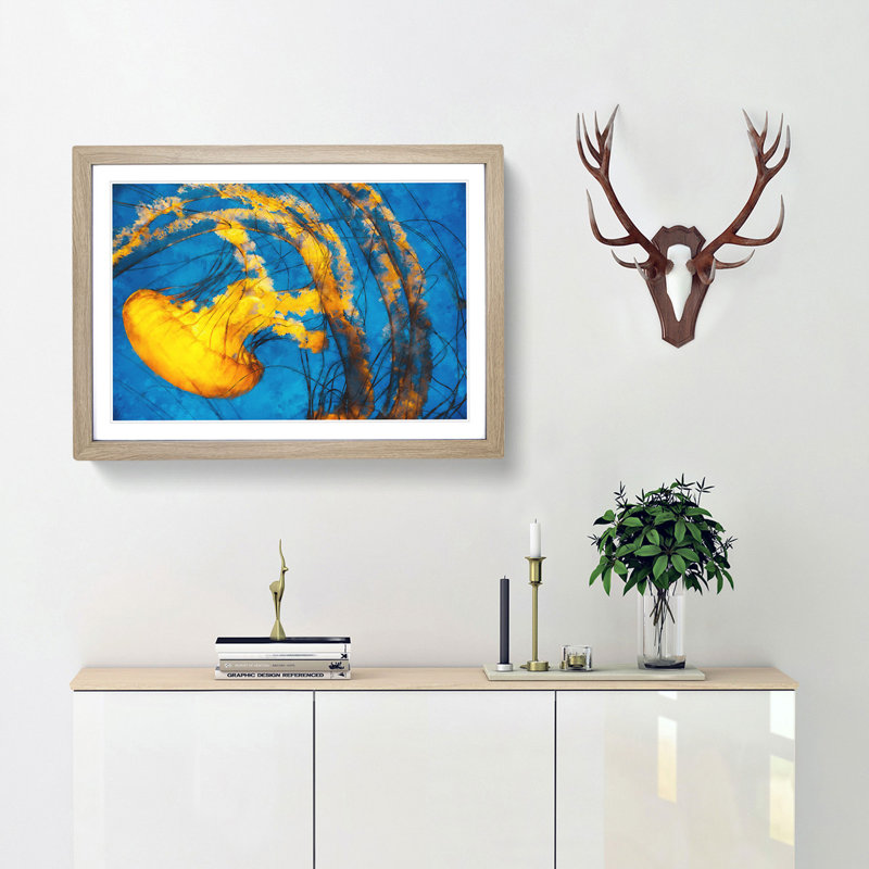 Yellow Jellyfish - Picture Frame Painting Print, Oak Framed, 40cm H x 60cm W x 2cm D