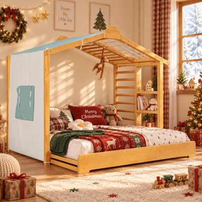 Ainsworth Twin Size House Bed Frame with Roll-Up Tent Curtains, Pull-Out Trundle & Built-In Storage Shelf, Wooden Playhouse Bed with Slat Support