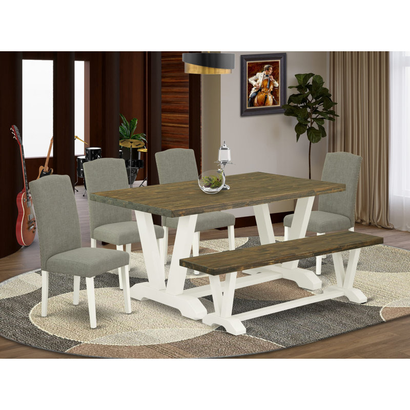 L'ensemble de table de salle à manger 6 pièces comprend une table en bois jacobine vieilli, un petit banc et 4 chaises de cuisine en lin Shitake foncé à dossier haut - Lin brossé blanc