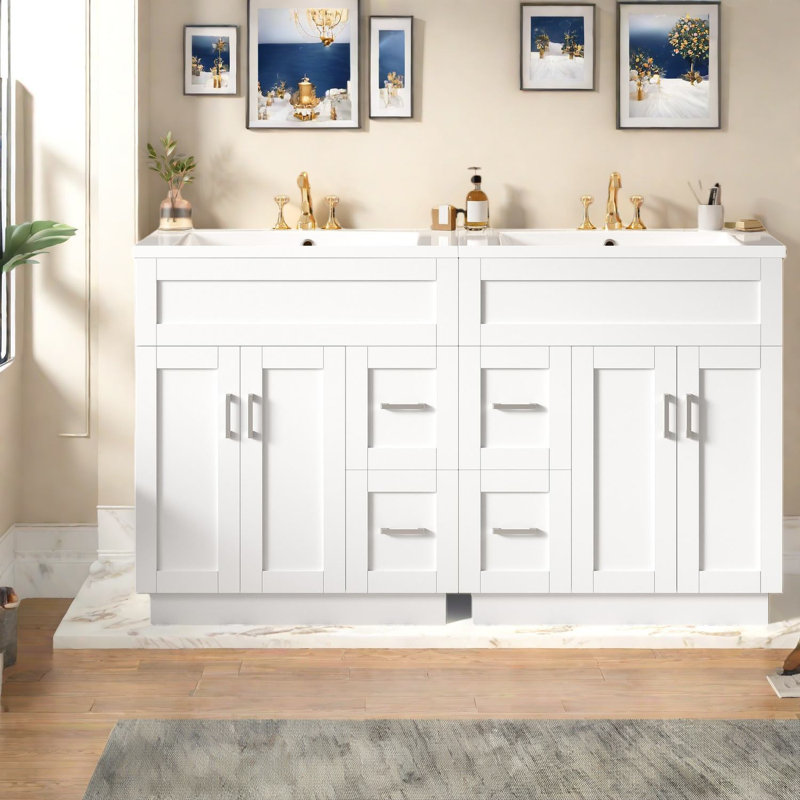 de salle de bain moderne de 4 pouces avec armoire en MDF durable et deux lavabos en résine Smc pour salles de bain spacieuses