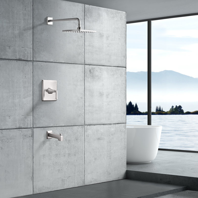 Lotto Collection Shower System: 8" Square Shower Head, Single Handle Set, Tub Spout & Rough-in Valve Included - Brushed Nickel
