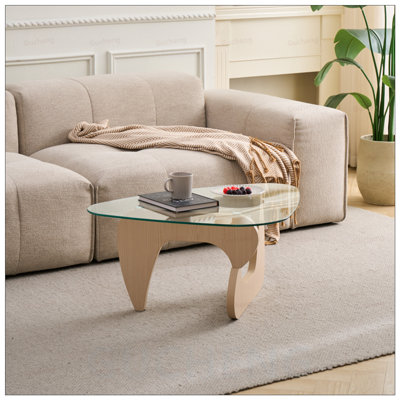 Table basse en verre avec base en bois de style Mid-Century moderne, compacte et élégante pour les petits salons, brun