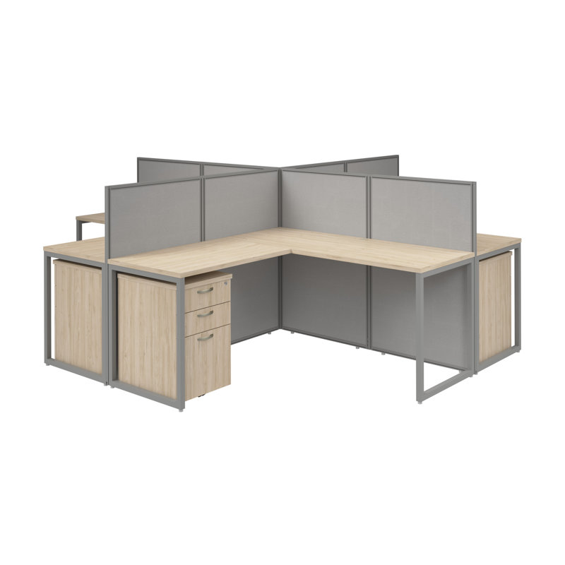 Easy Office 60W 4 Person L Shaped Benching Workstation - Reversible, Natural Elm