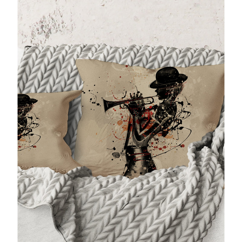 Carré, femme jouant du jazz trompette - Coussin décoratif à imprimé moderne, 16" x 16"