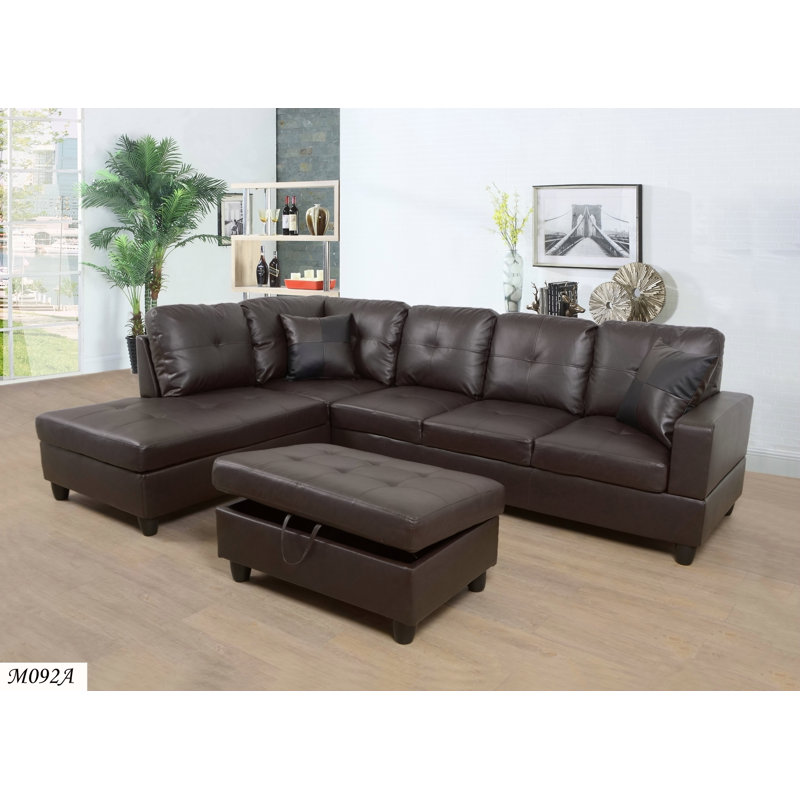 Ensemble de canapé modulaire 3 pièces, méridienne en similicuir (brun) avec repose-pieds à rangement droit