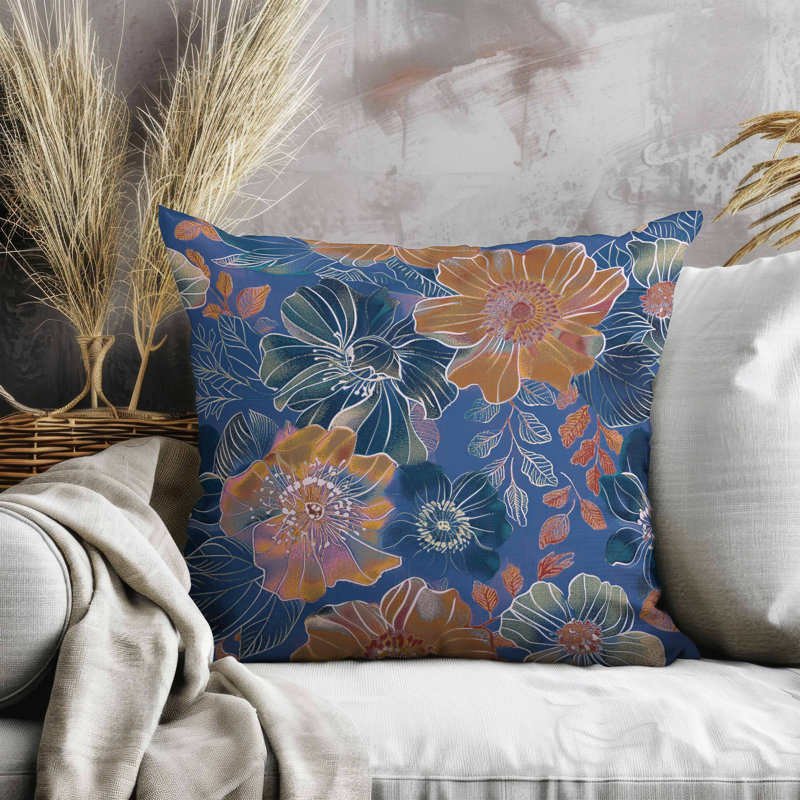 Coussin Painted Petalscape, Carré 16 po, Bleu / Blanc / Orange