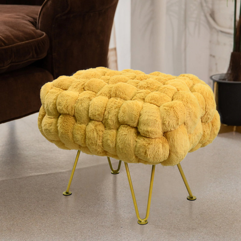 Deya Upholstered Ottoman, Ochre Faux Fur