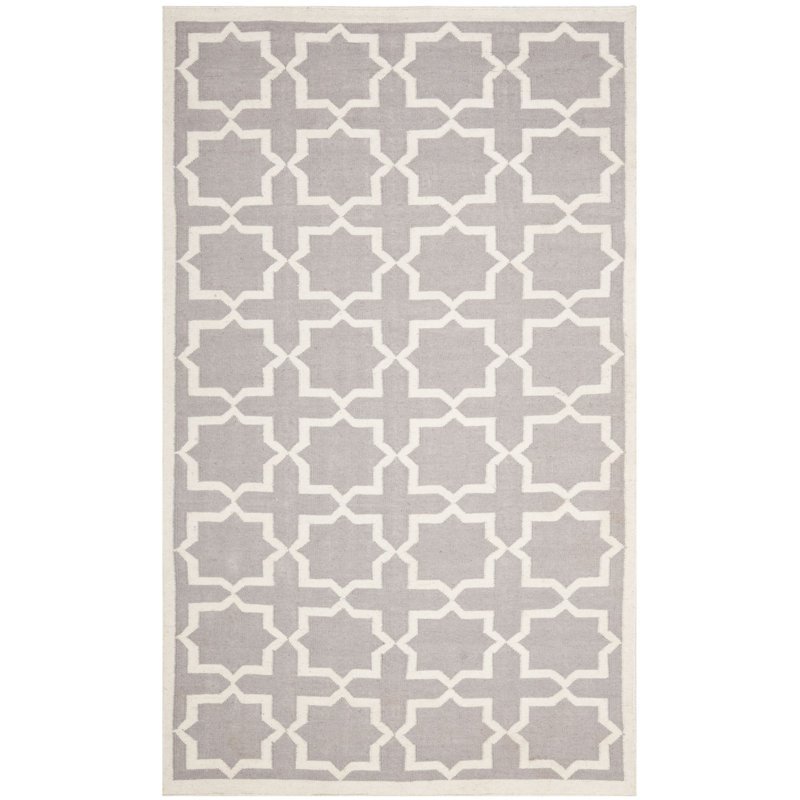Rodgers Hand Woven Flat Weave Wool/Cotton Geometric Rug in Ivory, Rectangle 5' x 8'